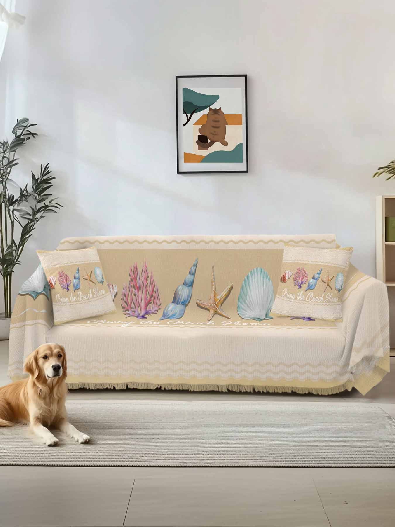 Yellow Summer Coastal Couch Cover for 2 Cushion Sofa, Modern Ocean ...
