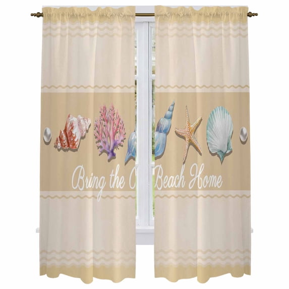 Yellow Summer Coastal Kitchen Curtain for Berdoom Living Room Cafe 72 Inch Length, Modern Ocean Waves Starfish Shell Tiers Curtains Light Filtering Drapes Window Treatment 2 Panels 52"Wx72"L