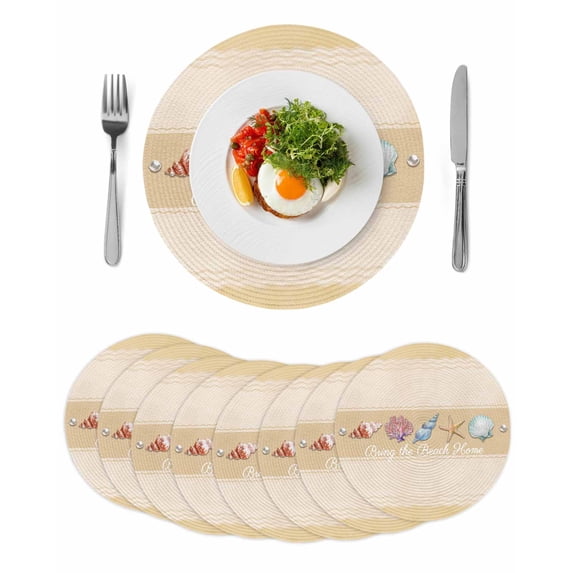 Yellow Summer Coastal Round 15 Inch Placemats Set of 8, Modern Ocean Waves Starfish Shell HeatResistant Non Slip Place Mats for Dining Table, Wipeable Braided Kitchen Table Mats for Housewarming