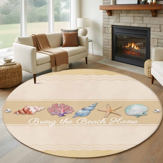 Yellow Summer Coastal Round Area Rug 7Ft Washable Circle Rugs for Dorm Laundry Room, Modern Ocean Waves Starfish Shell Non-Slip Carpet Floor Mats Indoor Outdoor Carpet Runner Aesthetic Home Decor