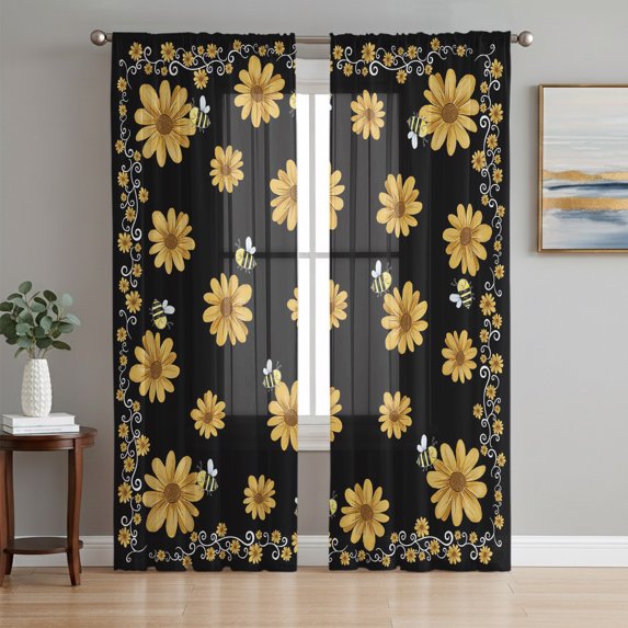 Yellow Summer Floral Sheer Curtains 84 Inch Length 2 Panels Set, Pastoral Daisy Botanical Cute Black Voile Window Treatment Rod Pocket Curtains Sheers for Bedroom/Living Room/Kitchen 52"x84"x2