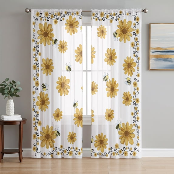 Yellow Summer Floral Sheer Curtains 96 Inch Length 2 Panels Set, Pastoral Daisy Botanical Cute Voile Window Treatment Semi Sheer Long Curtains Drapes for Bedroom/Living Room/Kitchen 52"x96"x2