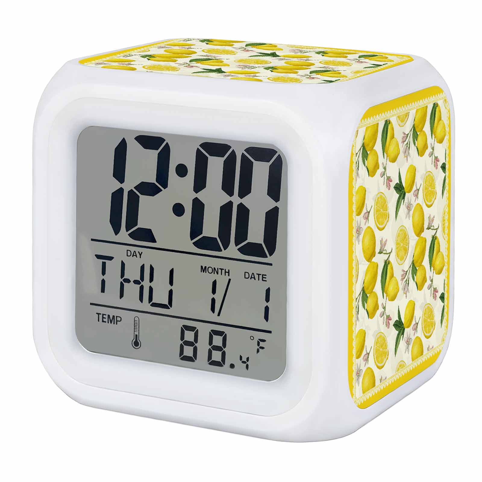 Yellow Summer Lemon Digital Alarm Clock for Bedrooms, Smart LED Alarm Clock with 7 Color Changing Night Light, Summer Botanical Watercolor Silent Wake Up Clocks for Sleep Study Cooking 3.2"x3.2"