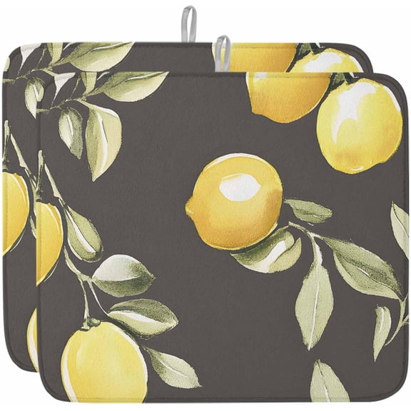 Yellow Summer Lemon Dish Drying Mat for Kitchen Counter, Farmhouse Botanical Grey Absorbent Reversible Dish Drainer Rack Mats for Coffee Bar Mats 18''''x24'''' 2 PCS