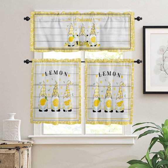 Yellow Summer Lemon Dwarfs Farmhouse Wood Grain 3 PCS Kitchen Curtain Valance and Tiers Set, Rod Pocket Small Half Tier Valances Window Curtains Panel, 55"x24" (Set of 2 Tiers & Valance)