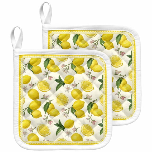 Yellow Summer Lemon Pot Holders for Kitchen Heatproof Potholder, 2 Pack Summer Botanical Watercolor Hot Pads Multipurpose Oven Pads Cloth Potholders Trivet for Cooking and Baking