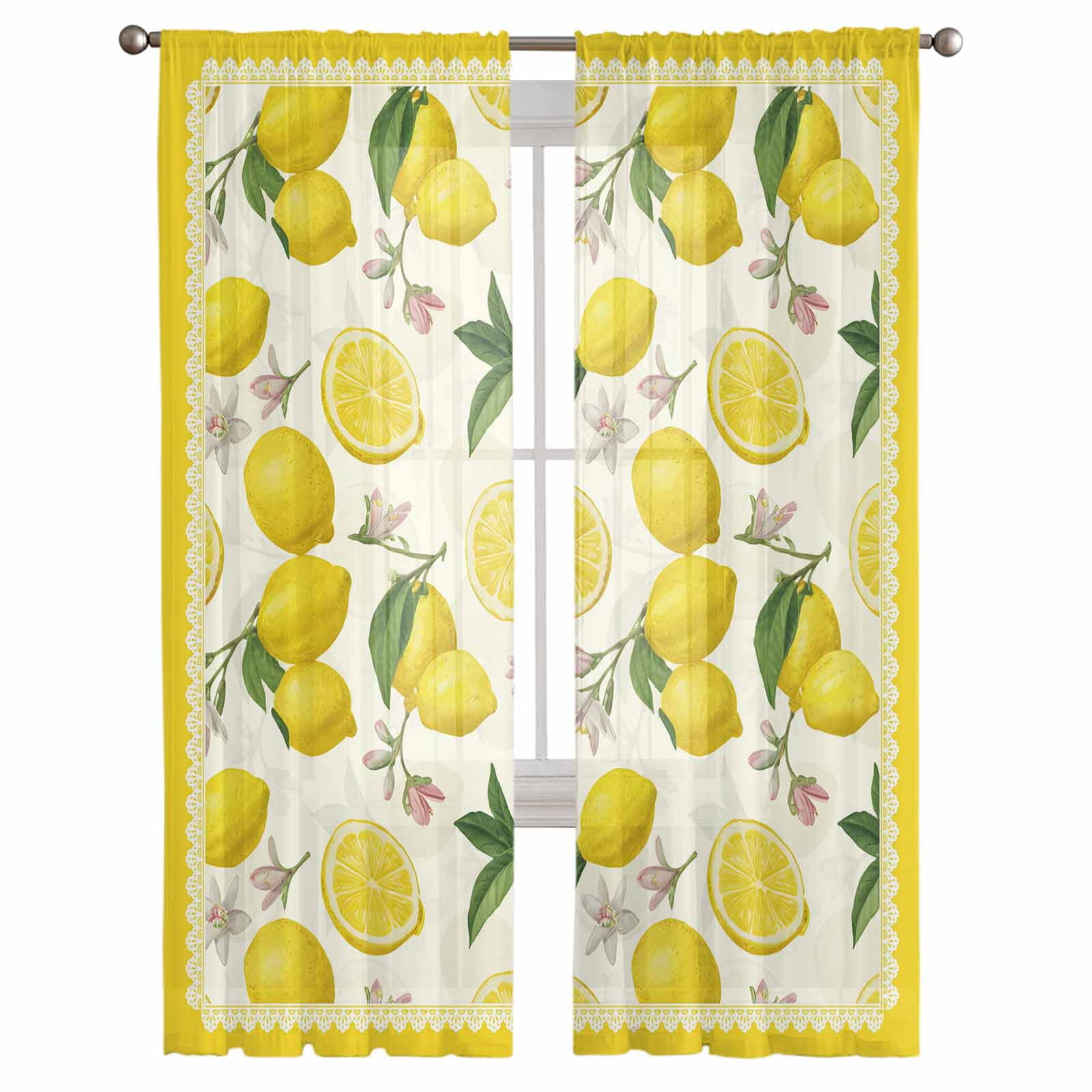 Yellow Summer Lemon Semi Sheer Curtains 108 Inch Length 2 Panels Set ...