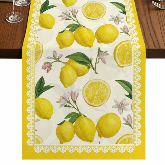 Yellow Summer Lemon Short Table Runner 36 Inches Long,Summer Botanical Watercolor Cotton Linen Table Runners Dresser Scarves,Fabric Tabletop Scarf Furniture Cover for Home Dinner Party Decor 13"x36"