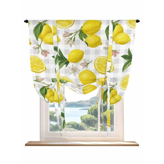 Yellow Summer Lemon Tie Up Curtains for Windows 63 Inch Length Balloon Curtains Kitchen Adjustable Balloon Window Shade Summer Botanical Gray Plaid Tie Up Valance Bathroom Curtain Window 46"x63"