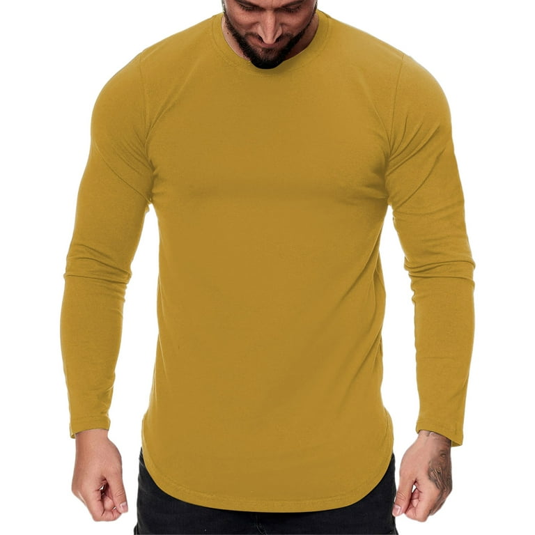 red mens dress shirts mens fashion casual sports fitness outdoor curved hem  solid color round neck t shirt long sleeve top