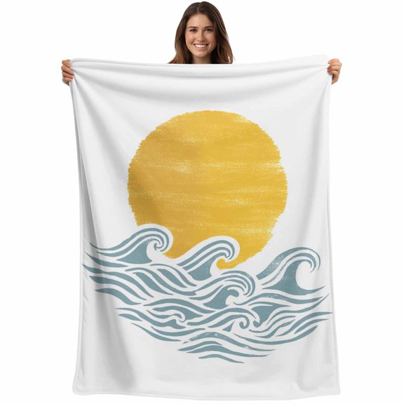 Yellow Sun Rise Blanket Soft Cozy Warm Throw Blanket for Couch, Plush Fuzzy Flannel Fleece Blankets for Sofa, Ocean Waves Coastal Abstract Art Bed Blankets Lightweight Gifts for Women, 30"x40"