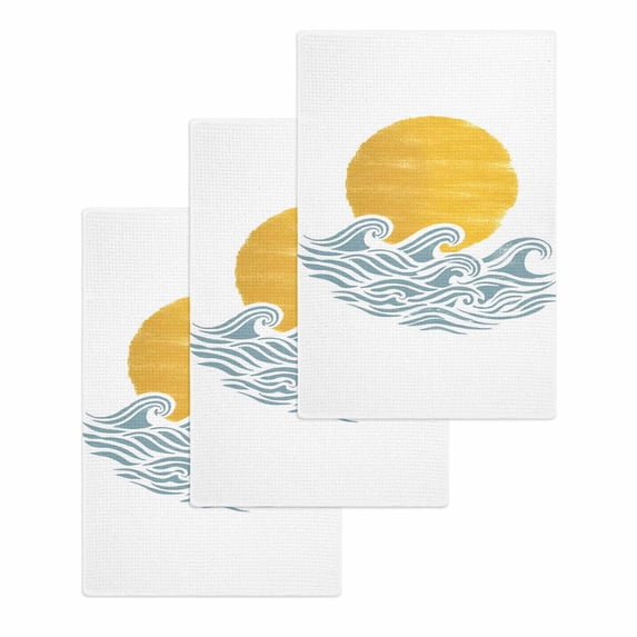 Yellow Sun Rise Kitchen Dish Towels for Drying Dishes Set of 3, Ocean Waves Coastal Abstract Art Waffle Weave Microfiber Hand Tea Bathroom Towels Quick Dry & Absorbent Towel 15.7x23.6