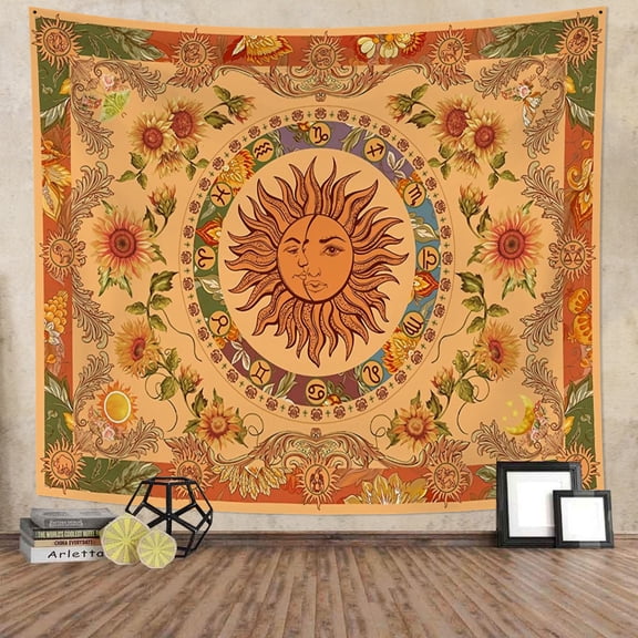 Yellow Sun and Moon Tapestry Wall Hanging,Vintage Indie Boho Backdrop for Dorm Living Room Bedroom Decor 40x30 Inches