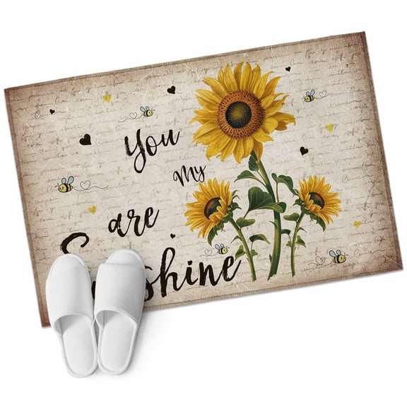 Yellow Sunflower 2'x3' Washable Rug, Summer Vintage Flower Bee Sunshine Non-Slip Soft Doormat Area Rugs for Entrance Bathroom Bedsides, Carpet for Kitchen Bedroom, Entryway Floor Mat