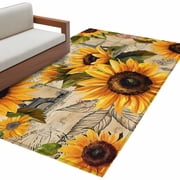 Yellow Sunflower 3x5 Washable Rug, Watercolor Retro Floral Plant Leaf Non-Slip Area Rugs for Entryway Kitchen Classroom, Dorm Throw Carpet, Low Pile Soft Indoor Floor Mat