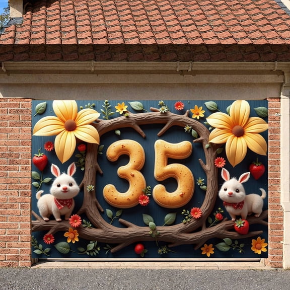 Yellow Sunflower 35th Birthday Banner Cute Rabbit Rabbit Backdrop Strawberry Decor Wooden Branch Garden Background for 35th Birthday Party Garden Celebration Family Gathering