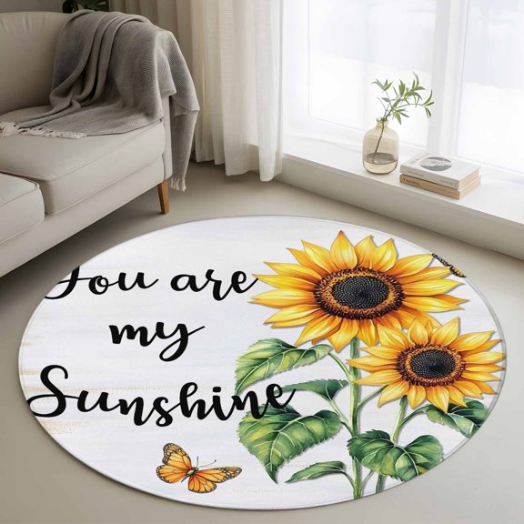 Yellow Sunflower 3ft Area Rug, Butterfly Sunshine Farmhouse Country Washable Non-Slip Small Round Rugs for Entryway Bedroom Kitchen, Soft Circle Carpet for Dining Room, Playroom Nursery Rug