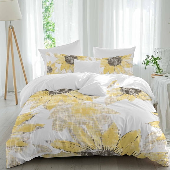 Yellow Sunflower 4 Piece Duvet Cover Set Twin Size Vintage Flowers Soft Bedding Set Comforter Cover, 1 Duvet Cover 1 Flat Sheets and 2 Pillowcases