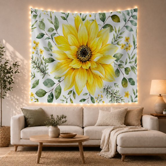 Yellow Sunflower Among Leafy Garden Sprigs, Peaceful Watercolor for Flower Lovers, Botanical Wall Art, Housewarming Gift, Tapestry Wall Hanging for Bedroom and Living Room