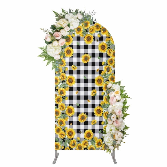 Yellow Sunflower Arch Backdrop Cover, Spandex Fitted Wedding Arch Cover, Summer Bee Floral Black White Plaid Round Top Stand Covers for Birthday Ceremony Bridal Shower Party Decor 4x1.65 Ft