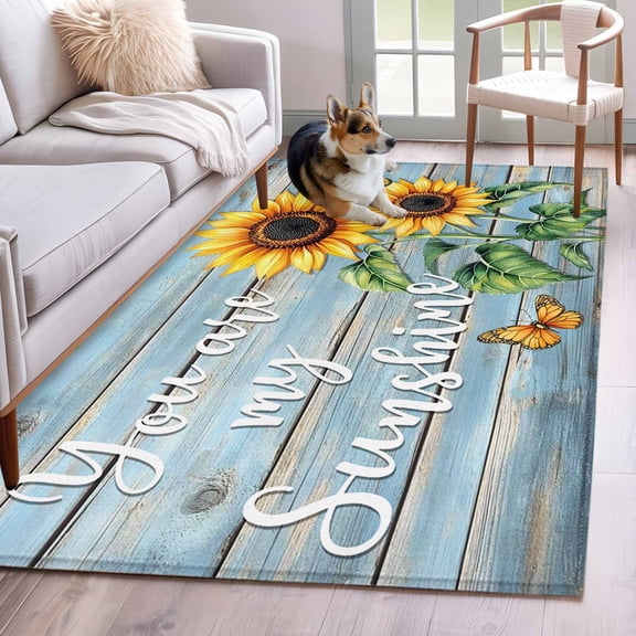 Yellow Sunflower Area Rug 3x5 FT, Non Slip Entryway Bedside Carpet, Butterfly Sunshine Blue Farmhouse Wood Washable Soft Floor Carpet Indoor Mat Non-Shedding Throw Rug for Dorm Kitchen Home Office