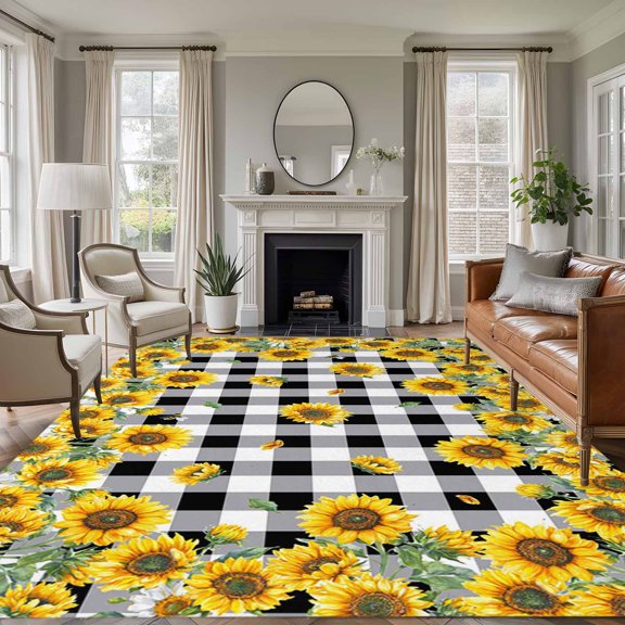 Yellow Sunflower Area Rug 6x9 FT, Non Slip Living Room Throw Carpet, Summer Bee Floral Black White Plaid Washable Soft Large Floor Carpet Non-Shedding Rug for Bedroom Dining Room Play Room