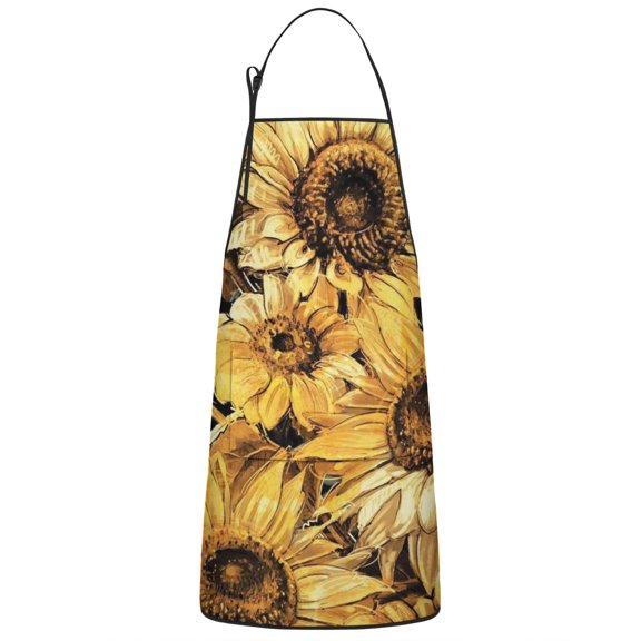 Yellow Sunflower Art Pattern Apron-Garden Aprons for Women with Pockets-Cotton Linen Waterproof Kitchen Cooking Gardening Aprons Adjustable for Kitchen,Cooking,BBQ and Salon 33x27 Inch