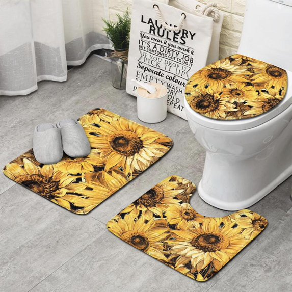 Yellow Sunflower Art Pattern Bathroom Rugs Sets 3 Piece,Toilet Cover Set,Absorbent Non Slip Bathroom Mats Sets with U-Shaped Contour Rug Toilet Rug Set