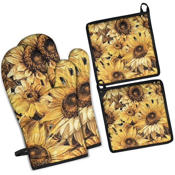 Yellow Sunflower Art Pattern Kitchen Oven Mitt and Pot Holder Sets 4 Pcs for Baking, Cooking and Grilling, Heat Resistant Up To 392 °F