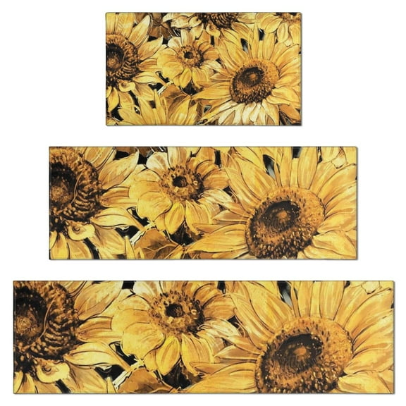Yellow Sunflower Art Pattern Kitchen Rugs Sets Of 3,Kitchen Runner Rugs Non Skid Washable,Decorative Kitchen Floor Mats for Kitchen,Sink,Laundry,17"x30"+ 17"x47" + 17"x59"