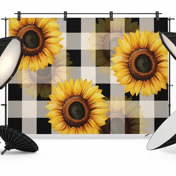 Yellow Sunflower Backdrop for Photography,Fabric Photo Background Backdrop,White Black Checkered Retro Art Photo Booth Background for Portrait Photoshoot Video Wedding Studio Decoration Banner 7x5ft