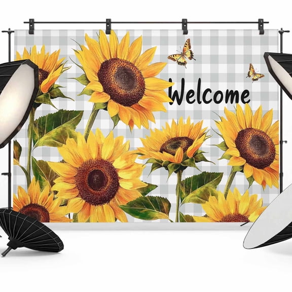 Yellow Sunflower Backdrop for Photoshoot,Photography Photo Studio Background Wall Backdrop,Butterfly Grey Buffalo Plaid Spring Back Drop Banner Panel for Portraits Wedding Party Live Streaming 7x5Ft