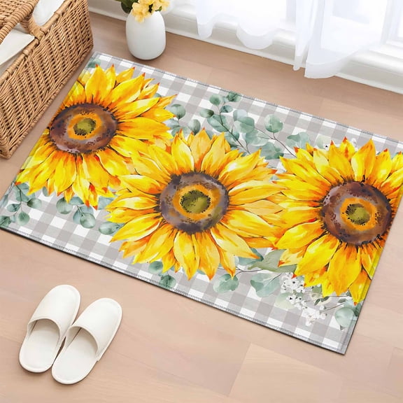 Yellow Sunflower Bathroom Rug Washable 2x3 Entryway Rug Non Slip Watercolor Eucalyptus Leaves Plaid Front Door Mat Low Pile Indoor Doormat Throw Floor Carpet for Kitchen Bedroom Entrance