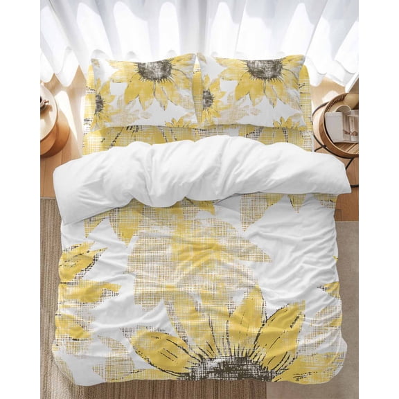 Yellow Sunflower Bedding Duvet Cover Set Twin Size 4 Pieces Vintage Flowers Soft Twill Plush Quilt Cover, Include 1 Duvet Cover 1 Flat Sheet And 2 Pillow