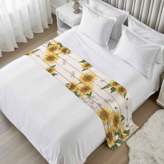 Yellow Sunflower Bee Bed Runner Scarf, Vintage Yellow Floral Bee Green Plant Wooden Grain Twin Bed Scarf Runner, No Fading Decorative Bedding Scarf for Bedroom Hotels Homes and Guestrooms