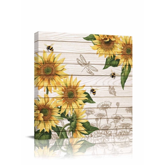 Yellow Sunflower Bee Canvas Wall Art, Vintage Yellow Floral Bee Green Plant Wooden Grain Framed Wall Decor Modern Artwork Prints Painting for Living Room, Bedroom, Kitchen & Cafe Decor 8x8 Inch