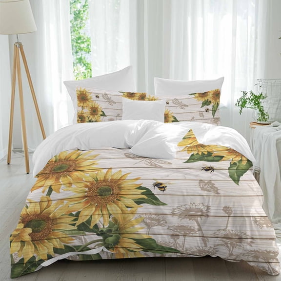 Yellow Sunflower Bee Comforter Set Twin Size, Vintage Yellow Floral Bee Green Plant Wooden Grain Soft Bedding Set for Man Woman, 4 Pieces Duvet Cover Set with Fitted Sheet, 2 Pillowcases