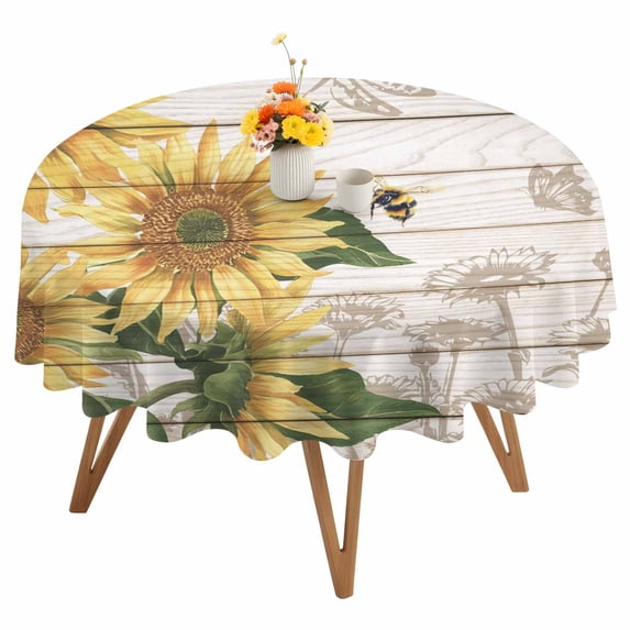 Yellow Sunflower Bee Round Tablecloth 54 inches Vintage Yellow Floral Bee Green Plant Wooden Grain Waterproof Oil-Proof Table Cloth Round Table Cover for Holiday Party Picnic Dinner Decor