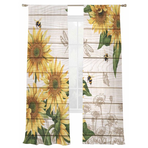 Yellow Sunflower Bee Sheer Curtains 2 Panels Set Vintage Yellow Floral Bee Green Plant Wooden Grain Sheer Window Curtains Light Filtering Rod Pocket Voile Drapes for Bedroom Living Room 52"X84"