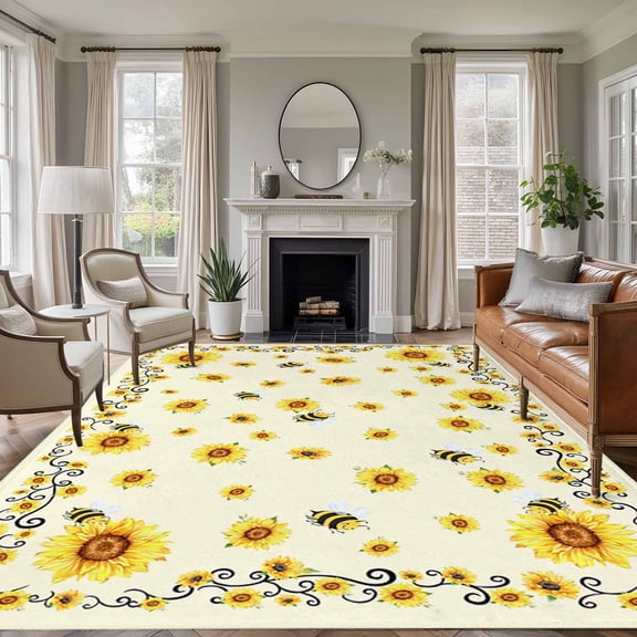 Yellow Sunflower Bees Area Rug 5x7 Washable Rug Non Slip Spring Summer Farmhouse Floral Large Area Rug Soft Stainresistant Indoor Floor Carpet for Living Room Bedroom Home Office Dining Room Nursery
