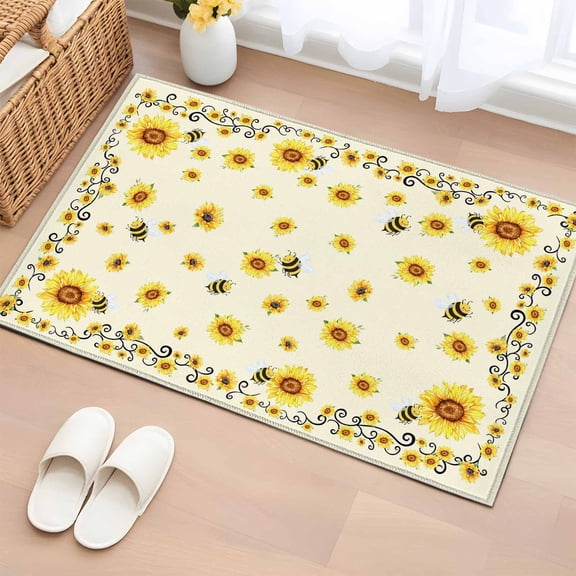 Yellow Sunflower Bees Bathroom Rug Washable 2x3 Entryway Rug Non Slip Spring Summer Farmhouse Floral Front Door Mat Low Pile Indoor Doormat Throw Floor Carpet for Kitchen Bedroom Entrance