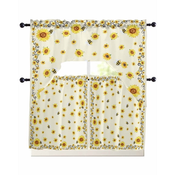 Yellow Sunflower Bees Kitchen Curtains Set for Windows 3 Piece Cafe Curtains 24 Inch Length Swag Curtains Valances and Tier Set Spring Summer Farmhouse Floral Drapes for Bedroom Bathroom Living Room