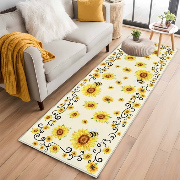 Yellow Sunflower Bees Kitchen Runner Rug 2x6 Washable Runners for Hallway Non Slip Spring Summer Farmhouse Floral Large Area Rug Indoor Floor Carpet for Bathroom Laundry Entryway Bedroom Living Room