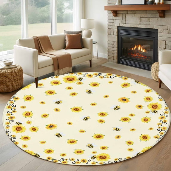 Yellow Sunflower Bees Round Rug 5ft Washable Circle Kitchen Rugs Non Slip Spring Summer Farmhouse Floral Large Area Rug Indoor Floor Carpet for Bedroom Living Room Home Office Dining Room Nursery