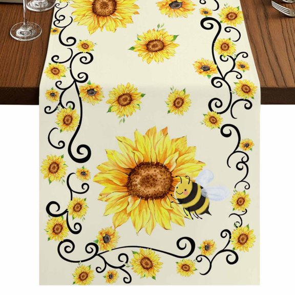 Yellow Sunflower Bees Short Table Runner 36 Inches Long,Spring Summer Farmhouse Floral Cotton Linen Table Runners Dresser Scarves,Fabric Tabletop Scarf Furniture Cover for Home Dinner Party 13"x36"