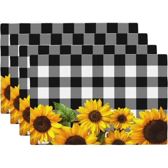 Yellow Sunflower on Black and White Lattice Placemats Set of 4 Sunflowers Linen Washable Placemat Buffalo Plaid Kitchen Dining Heat-Resistant Place Mats Desktop Decor Table Mats 12x18 Inch