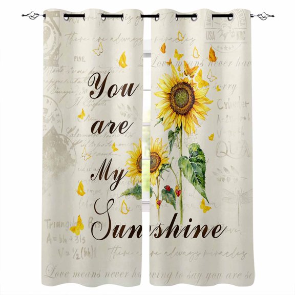 Yellow Sunflower Blackout Curtains 63 Inch Length You Are My Sunshine Butterflies Vintage Letter Background Thermal Insulated Window Curtain Window Drapes 2 Panels for Bedroom Living Room 42"Wx63"L