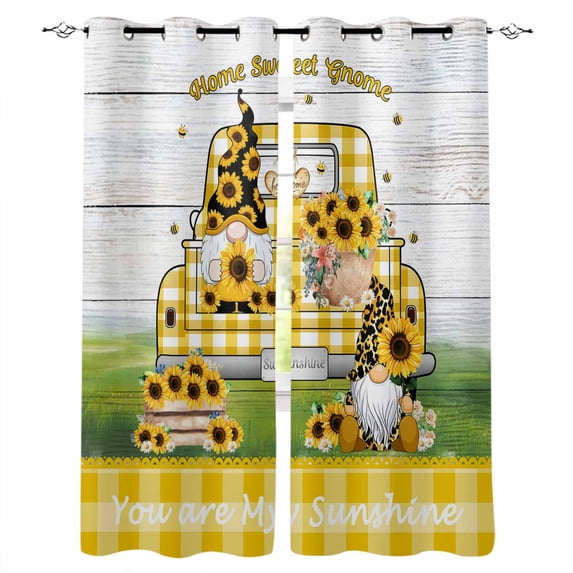 Yellow Sunflower Blackout Curtains for Bedroom, Gnomes Truck Plaid Farmhouse Wooden Thermal Insulated Kitchen Drapes with Grommets, Light Blocking Window Treatment, 2 Panels 52" x 54"