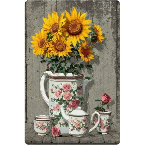 Yellow Sunflower Bouquet in Bottle Vintage Tin Sign Bathroom Wall Art Mason Jar Flower Decor Artwork Print Pictures For Gifts, Hanging in Office, Dining Room, 12x8 Inches
