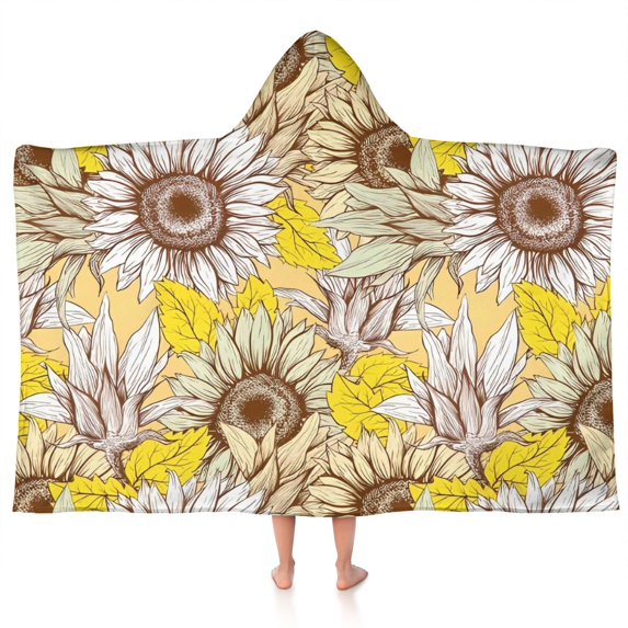 Yellow Sunflower Bud Leaf Pattern Hooded Bath Towel,50"x30" for Ages 3 To 12 Kids, Quick Dry Lightweight Soft Microfiber Hood Beach Towel Cover Up for Kids